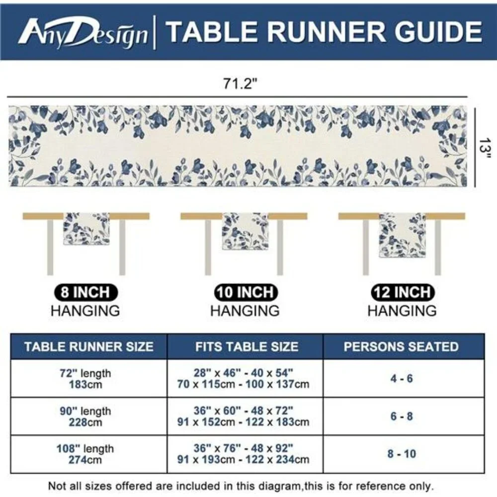 Blue and White Table Runner 13x71 Watercolor Leaves Farmhouse Dining Table Decor